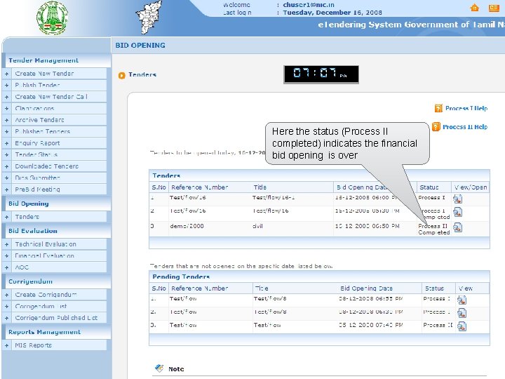 Here the status (Process II completed) indicates the financial bid opening is over 