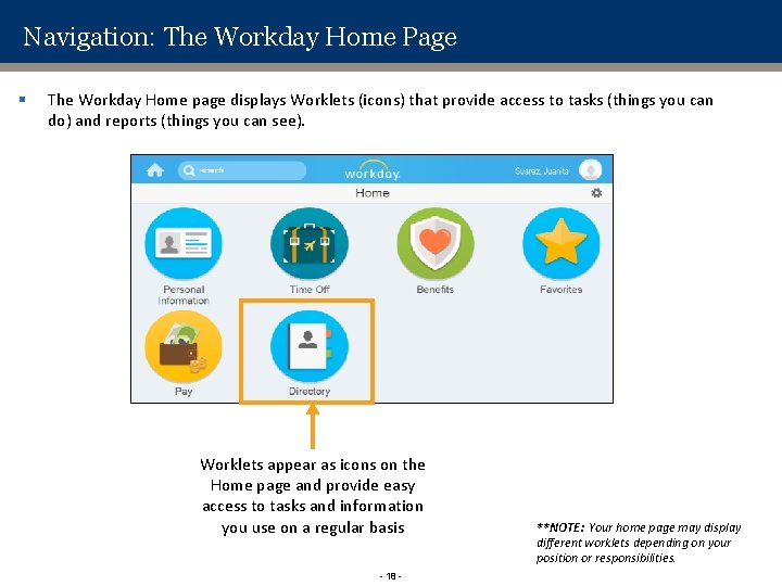 Navigation: The Workday Home Page § The Workday Home page displays Worklets (icons) that