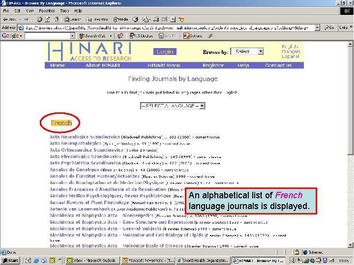 Accessing journals by Language 3 An alphabetical list of French language journals is displayed.