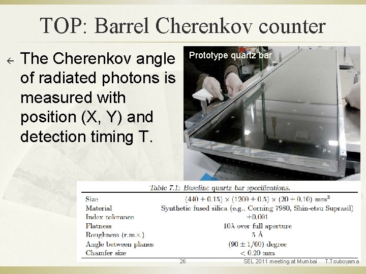 TOP: Barrel Cherenkov counter ß The Cherenkov angle of radiated photons is measured with