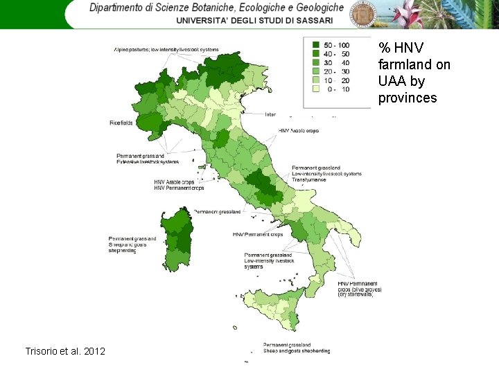 % HNV farmland on UAA by provinces Trisorio et al. 2012 