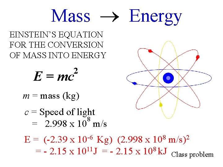 Mass Energy EINSTEIN’S EQUATION FOR THE CONVERSION OF MASS INTO ENERGY E = mc