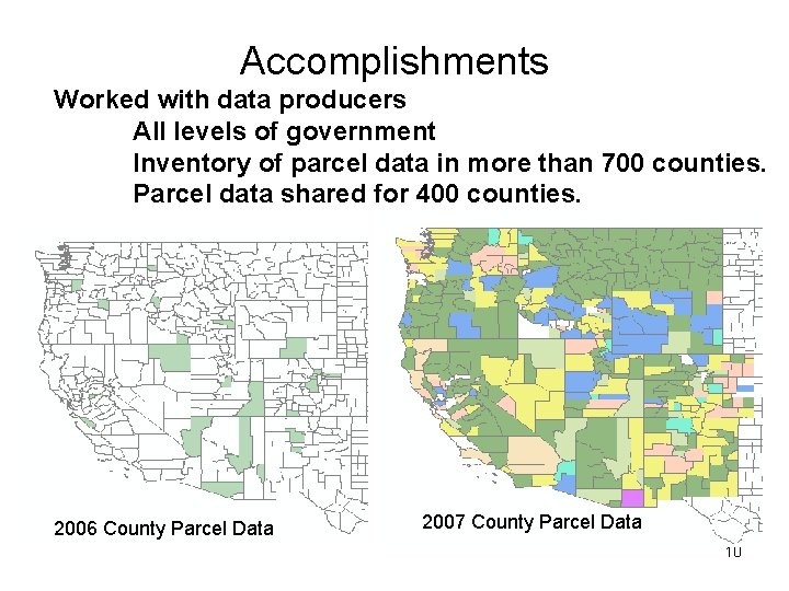 Accomplishments Worked with data producers All levels of government Inventory of parcel data in