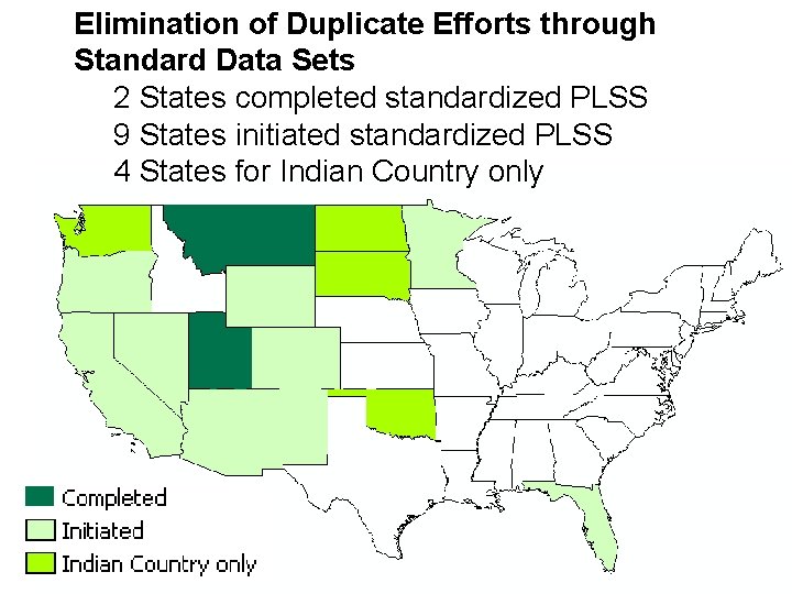 Elimination of Duplicate Efforts through Standard Data Sets 2 States completed standardized PLSS 9