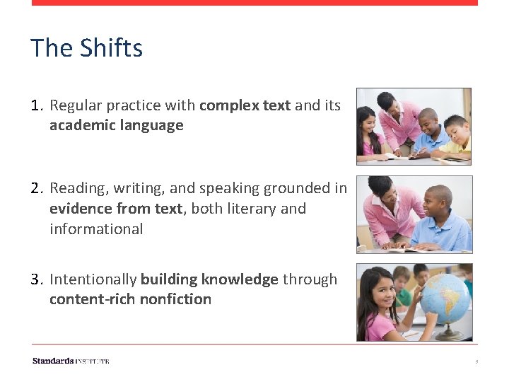 The Shifts 1. Regular practice with complex text and its academic language 2. Reading,
