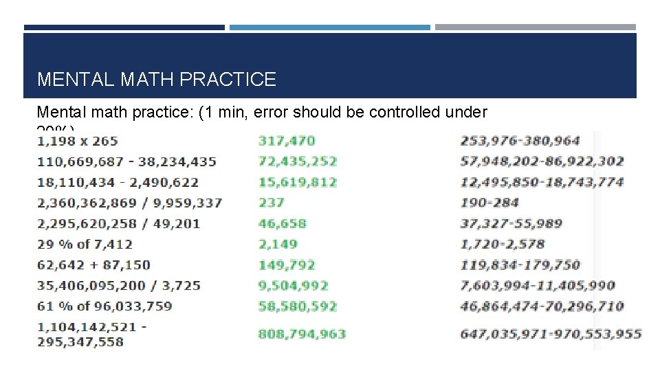 MENTAL MATH PRACTICE Mental math practice: (1 min, error should be controlled under 20%)