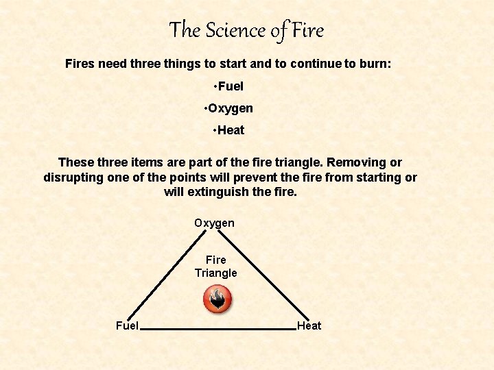 The Science of Fires need three things to start and to continue to burn: