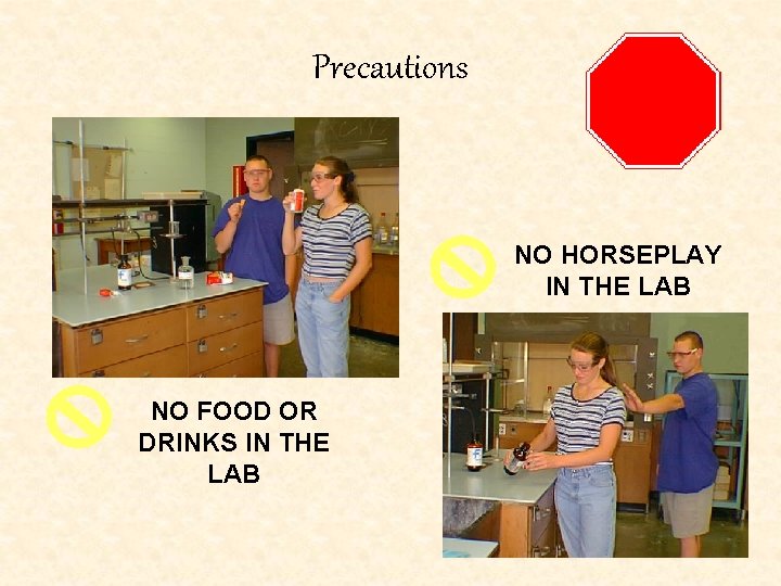 Precautions NO HORSEPLAY IN THE LAB NO FOOD OR DRINKS IN THE LAB 