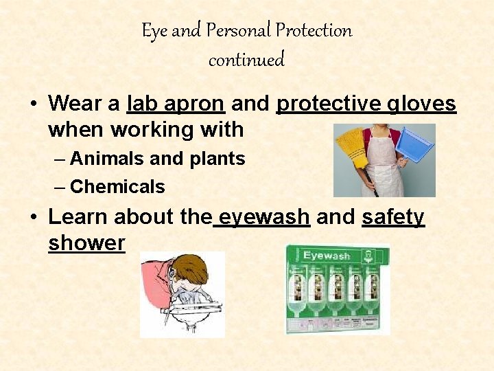 Eye and Personal Protection continued • Wear a lab apron and protective gloves when