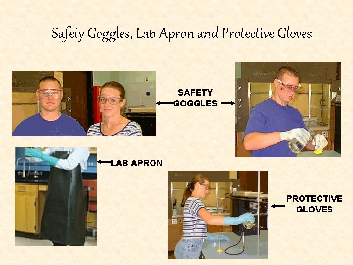 Safety Goggles, Lab Apron and Protective Gloves SAFETY GOGGLES LAB APRON PROTECTIVE GLOVES 
