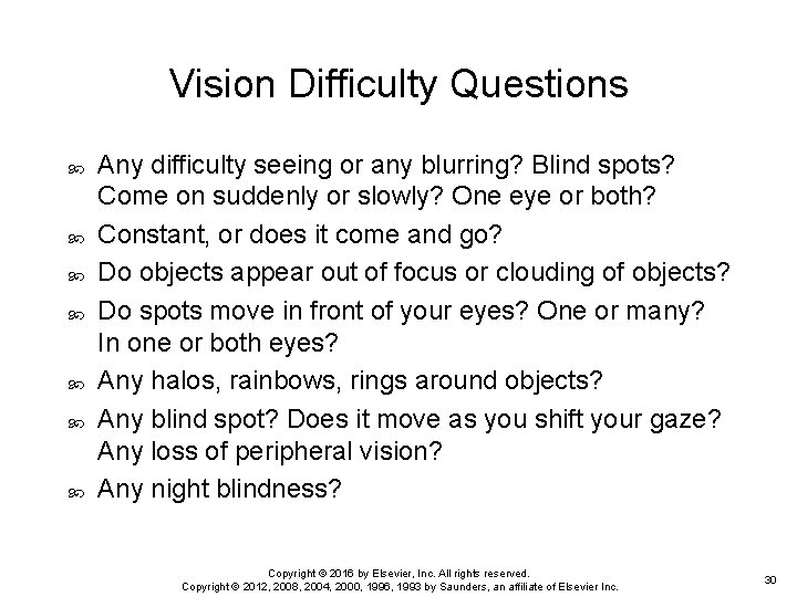 Vision Difficulty Questions Any difficulty seeing or any blurring? Blind spots? Come on suddenly