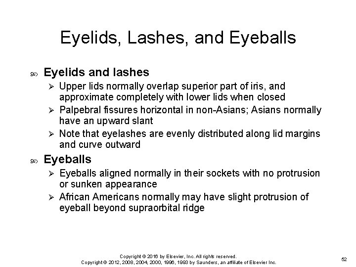 Eyelids, Lashes, and Eyeballs Eyelids and lashes Upper lids normally overlap superior part of