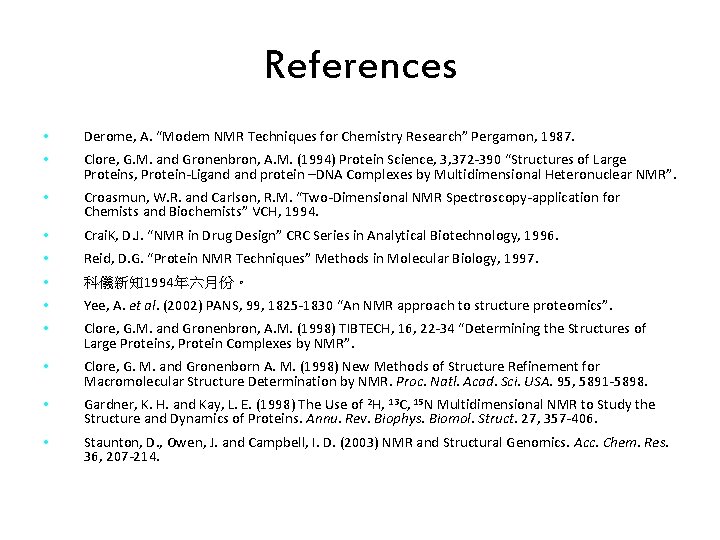 References • Derome, A. “Modem NMR Techniques for Chemistry Research” Pergamon, 1987. • Clore,
