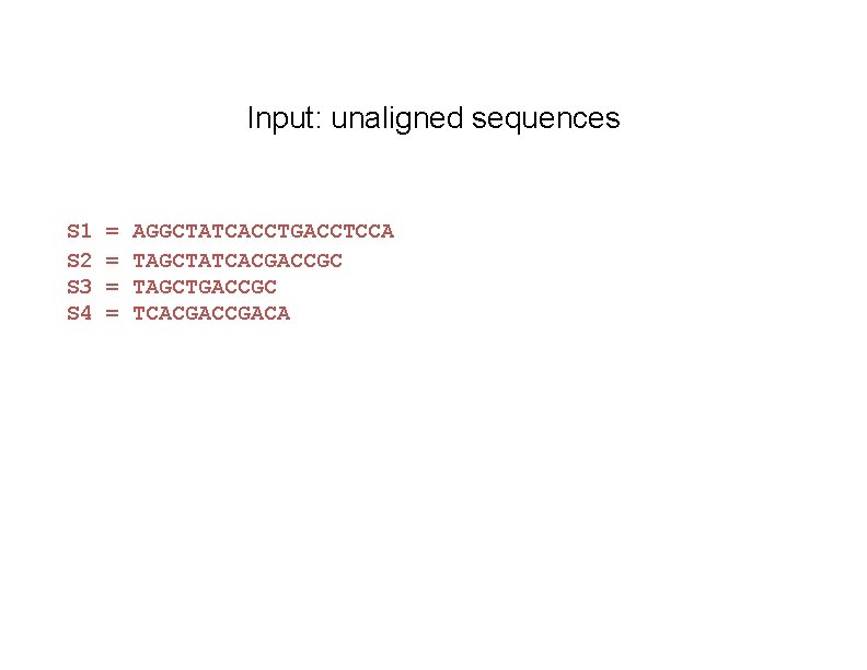 Input: unaligned sequences S 1 S 2 S 3 S 4 = = AGGCTATCACCTGACCTCCA