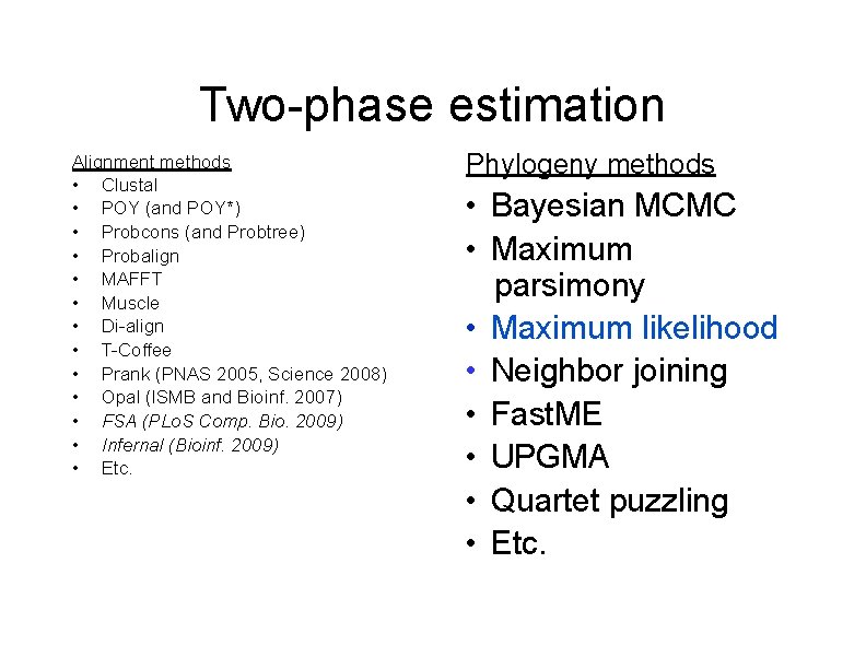 Two-phase estimation Alignment methods • Clustal • POY (and POY*) • Probcons (and Probtree)