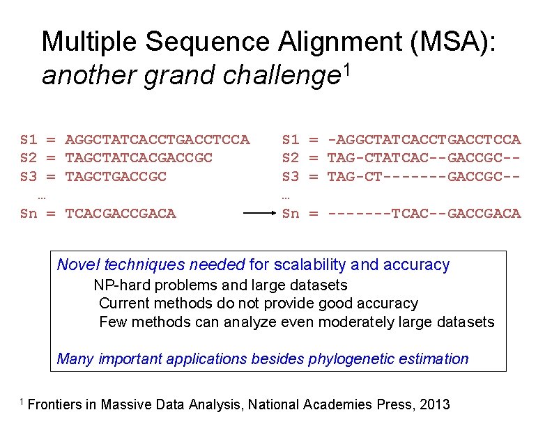 Multiple Sequence Alignment (MSA): another grand challenge 1 S 1 = S 2 =