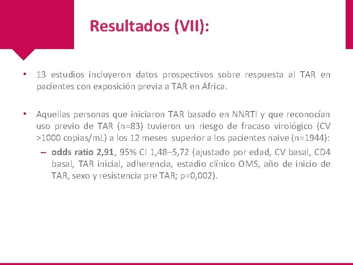 Resultados (VII): • 13 estudios incluyeron datos prospectivos sobre respuesta al TAR en pacientes