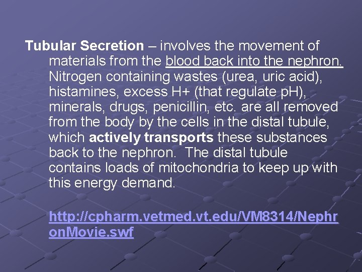 Tubular Secretion – involves the movement of materials from the blood back into the