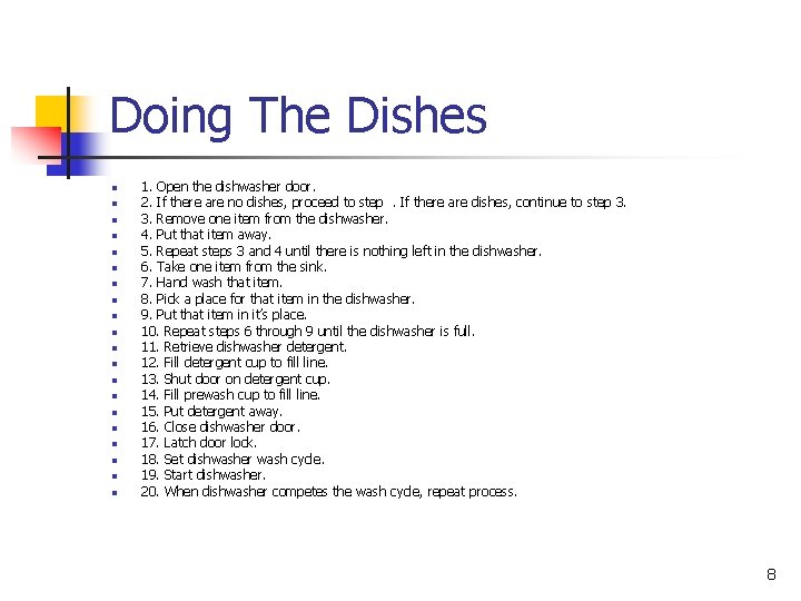 Doing The Dishes n n n n n 1. Open the dishwasher door. 2.
