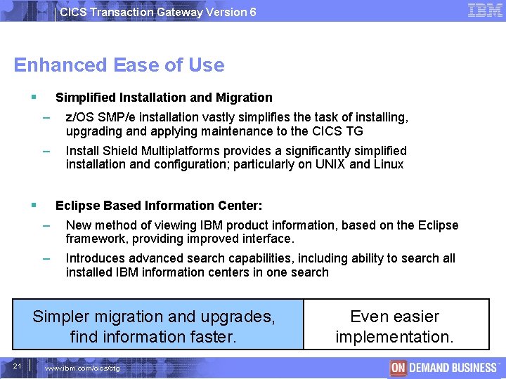 CICS Transaction Gateway Version 6 Enhanced Ease of Use Simplified Installation and Migration –