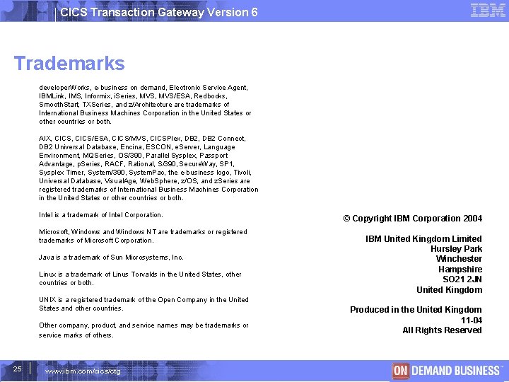 CICS Transaction Gateway Version 6 Trademarks developer. Works, e-business on demand, Electronic Service Agent,