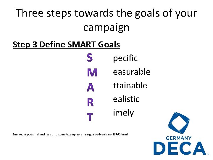 Three steps towards the goals of your campaign Step 3 Define SMART Goals pecific