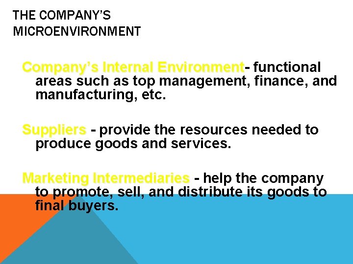 THE COMPANY’S MICROENVIRONMENT Company’s Internal Environment functional areas such as top management, finance, and