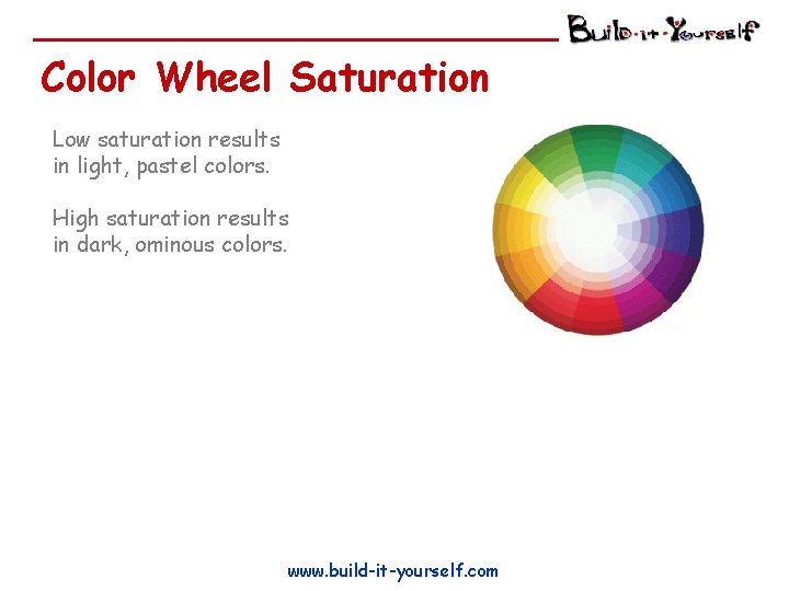 Color Wheel Saturation Low saturation results in light, pastel colors. High saturation results in