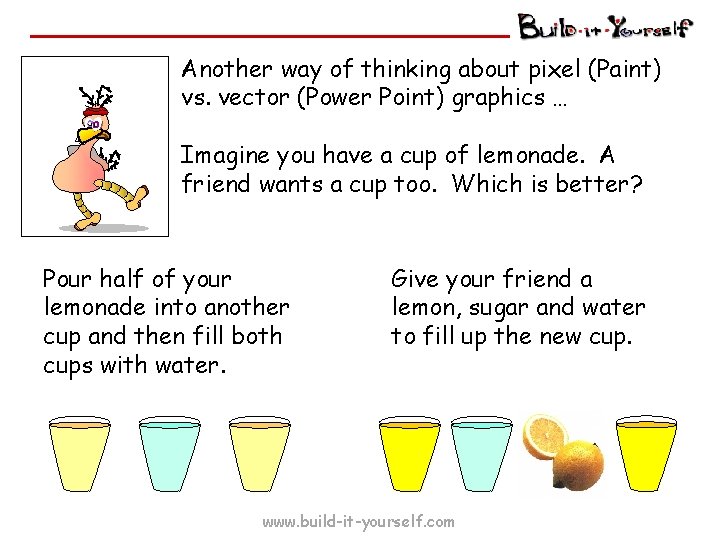 Another way of thinking about pixel (Paint) vs. vector (Power Point) graphics … Imagine