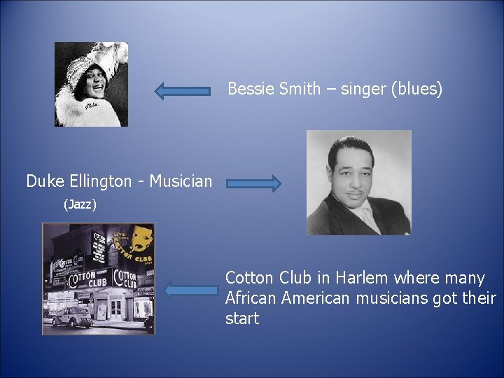 Bessie Smith – singer (blues) Duke Ellington - Musician (Jazz) Cotton Club in Harlem