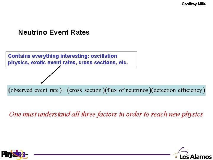 Geoffrey Mills Neutrino Event Rates Contains everything interesting: oscillation physics, exotic event rates, cross