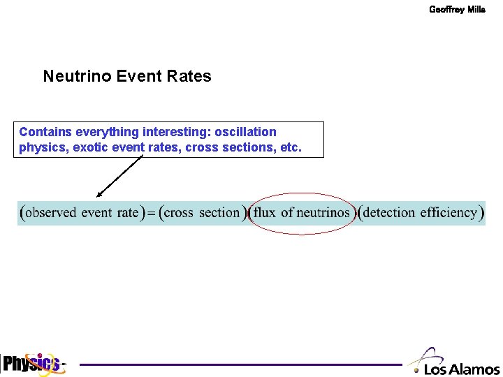 Geoffrey Mills Neutrino Event Rates Contains everything interesting: oscillation physics, exotic event rates, cross