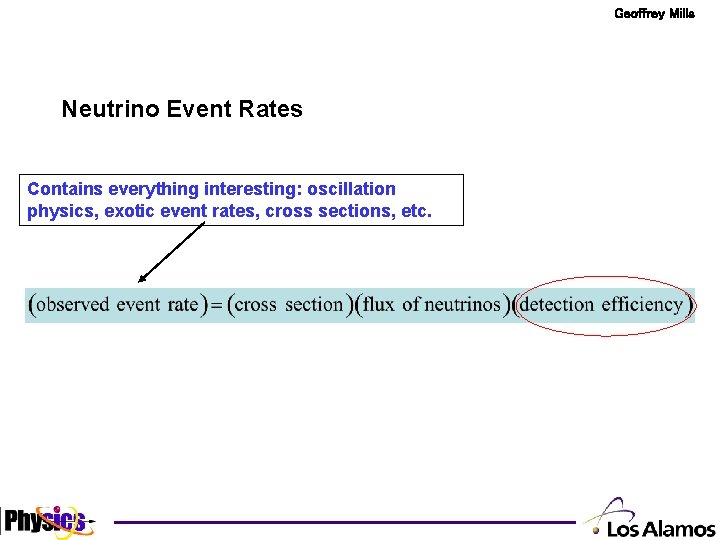 Geoffrey Mills Neutrino Event Rates Contains everything interesting: oscillation physics, exotic event rates, cross
