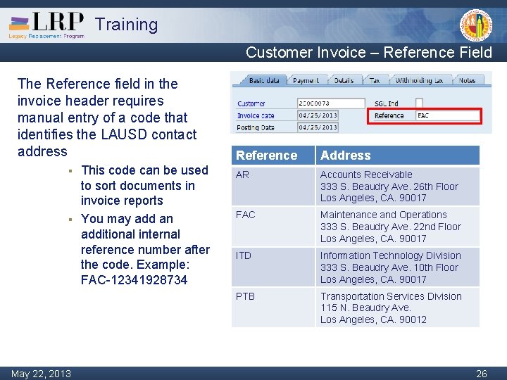 Training Customer Invoice – Reference Field The Reference field in the invoice header requires