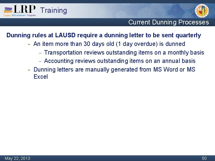 Training Current Dunning Processes Dunning rules at LAUSD require a dunning letter to be