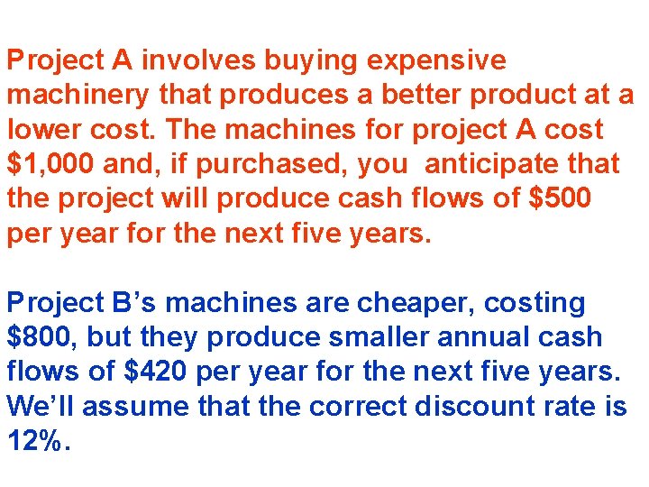 Project A involves buying expensive machinery that produces a better product at a lower