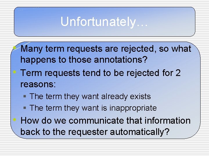 Unfortunately… • Many term requests are rejected, so what • happens to those annotations?