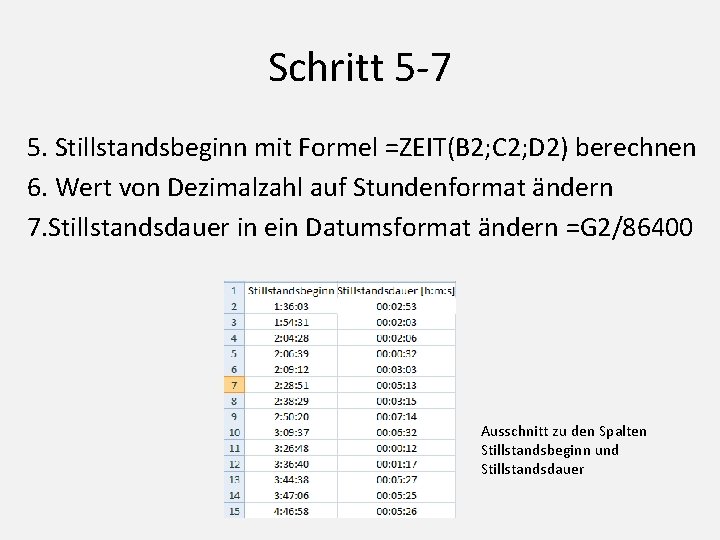 Schritt 5 -7 5. Stillstandsbeginn mit Formel =ZEIT(B 2; C 2; D 2) berechnen