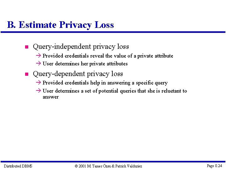 B. Estimate Privacy Loss Query-independent privacy loss Provided credentials reveal the value of a