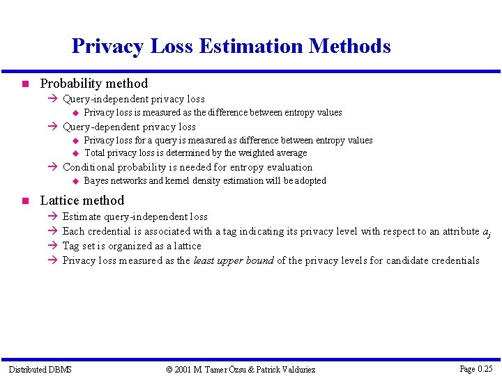 Privacy Loss Estimation Methods Probability method Query-independent privacy loss Privacy loss is measured as