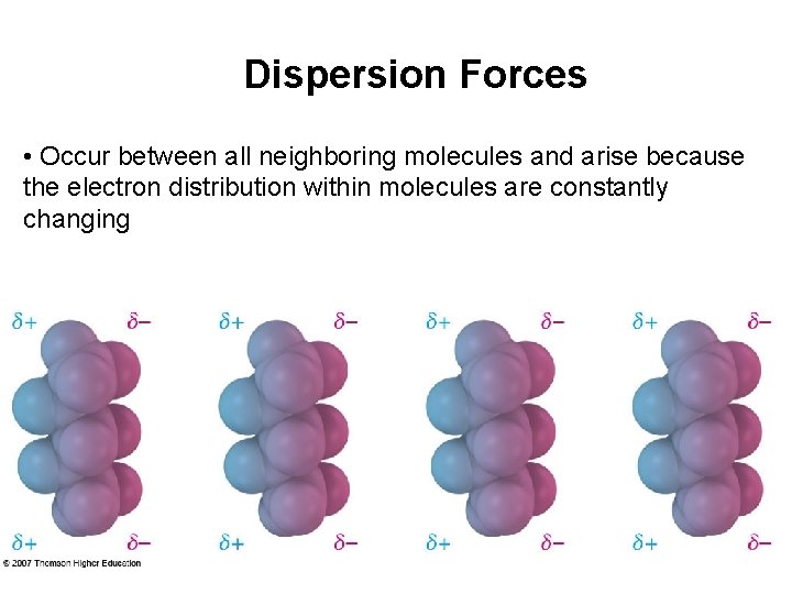 Dispersion Forces • Occur between all neighboring molecules and arise because the electron distribution