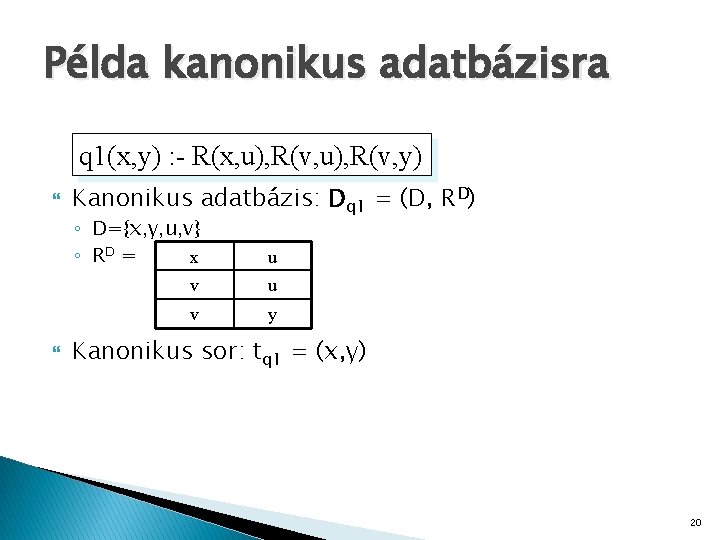 Példa kanonikus adatbázisra q 1(x, y) : - R(x, u), R(v, y) Kanonikus adatbázis: