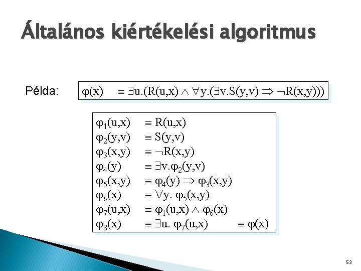 Általános kiértékelési algoritmus Példa: (x) u. (R(u, x) y. ( v. S(y, v) R(x,