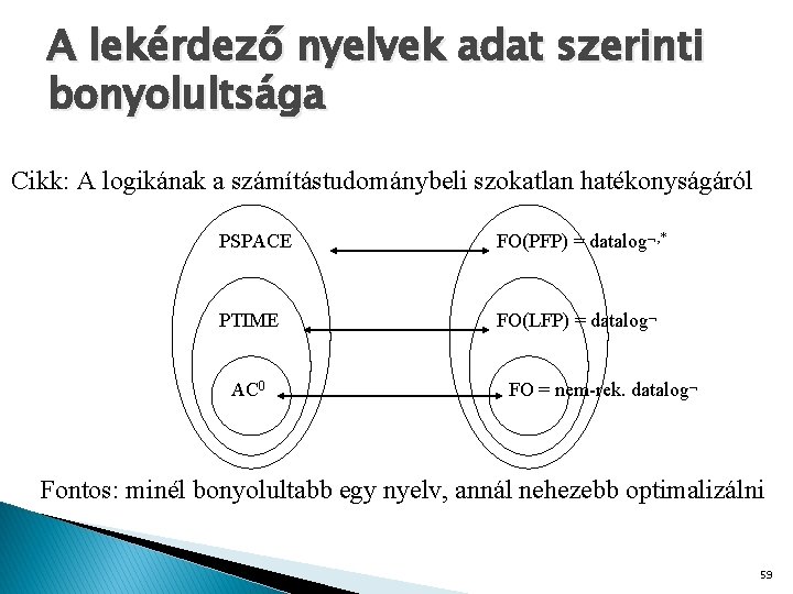 A lekérdező nyelvek adat szerinti bonyolultsága Cikk: A logikának a számítástudománybeli szokatlan hatékonyságáról PSPACE