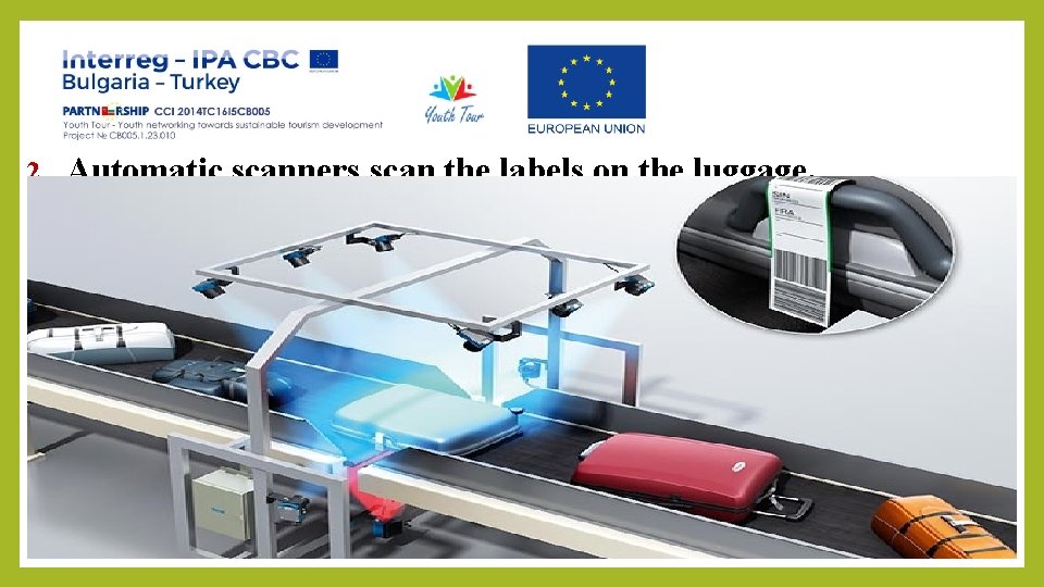 2. Automatic scanners scan the labels on the luggage. 
