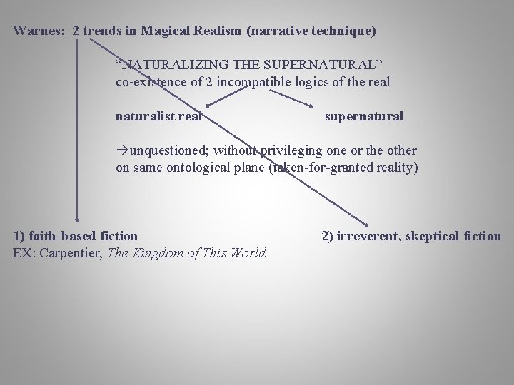 Warnes: 2 trends in Magical Realism (narrative technique) “NATURALIZING THE SUPERNATURAL” co-existence of 2