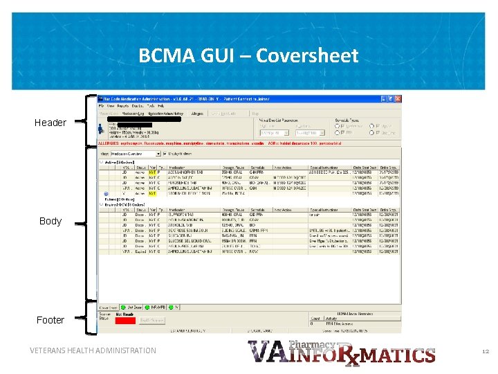 BCMA GUI – Coversheet Header Body Footer VETERANS HEALTH ADMINISTRATION 12 