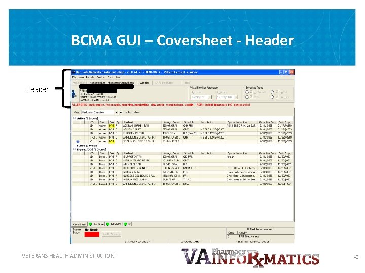 BCMA GUI – Coversheet - Header VETERANS HEALTH ADMINISTRATION 13 