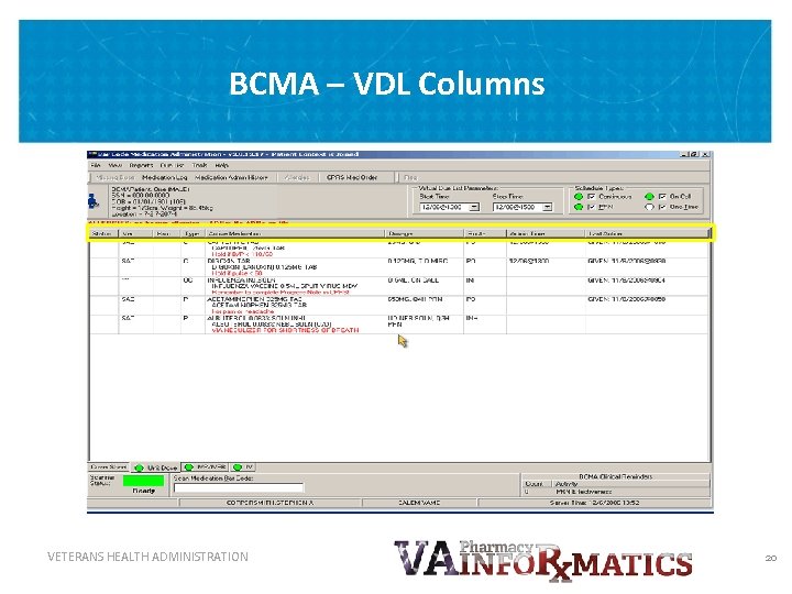 BCMA – VDL Columns VETERANS HEALTH ADMINISTRATION 20 