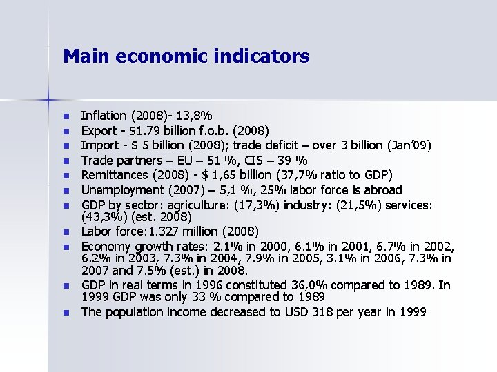 Main economic indicators n n n Inflation (2008)- 13, 8% Export - $1. 79